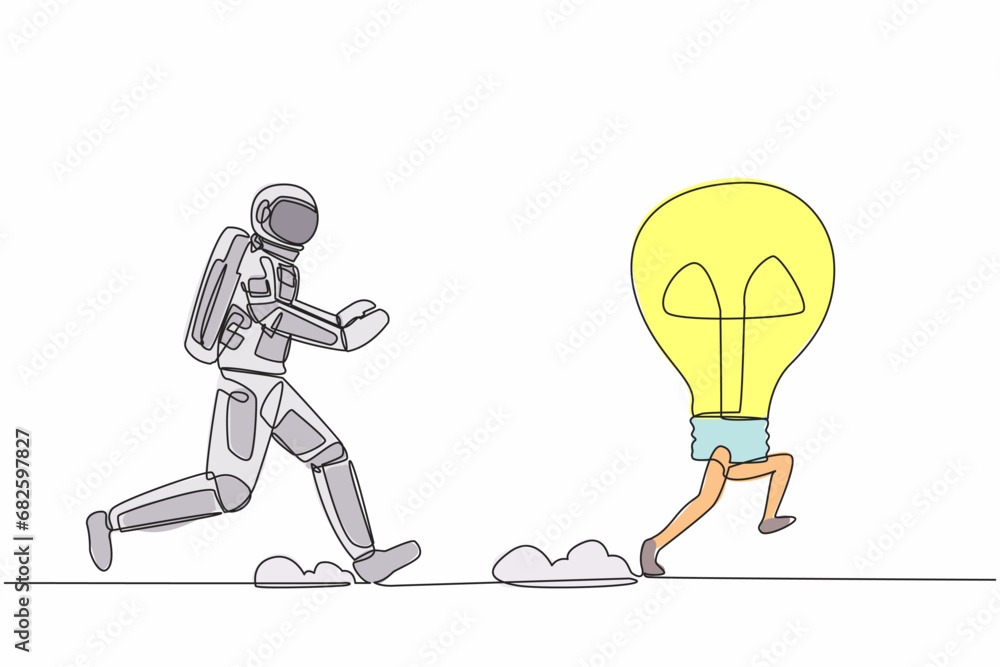 Aufkleber continuous one line drawing young astronaut run chasing light bulb in moon surface. innovation in di