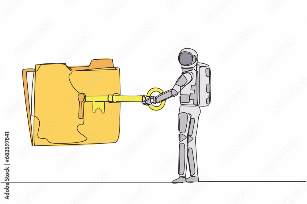 Poster single one line drawing young astronaut put key into folder icon. document protection and secret inf