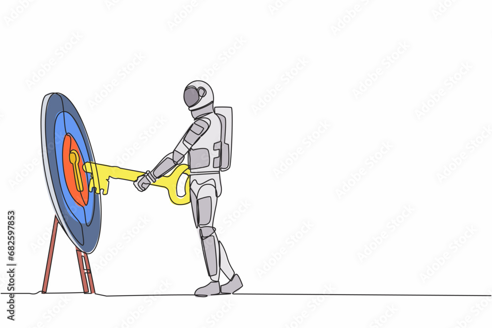 Poster single continuous line drawing young astronaut putting big key into bullseye target. unlock spaceshi