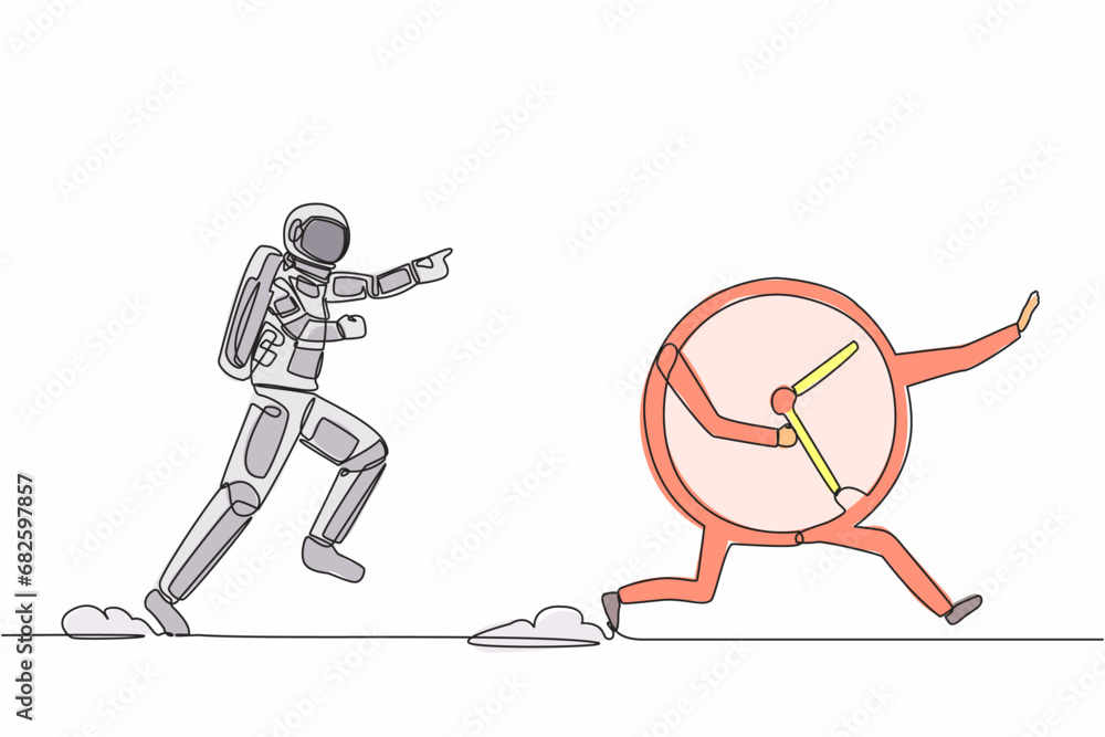Poster single continuous line drawing of young astronaut run chase clock time in moon surface. time managem