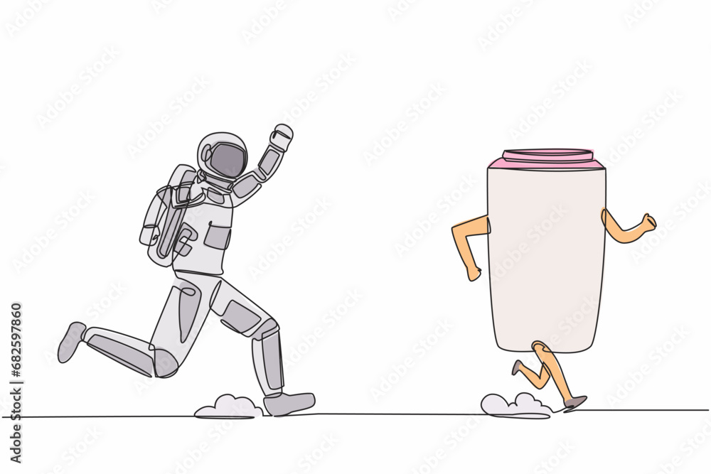 Aufkleber continuous one line drawing young astronaut run chasing paper cup in moon surface. recycling waste t