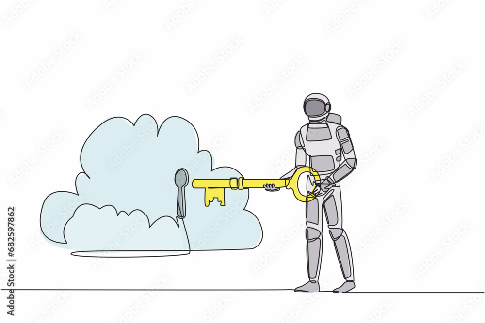 Poster single one line drawing astronaut putting big key into cloud. safety storage in spaceship data, pass