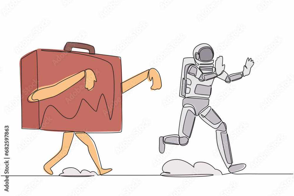 Poster single continuous line drawing of young astronaut being chased by briefcase. afraid with evaluation 