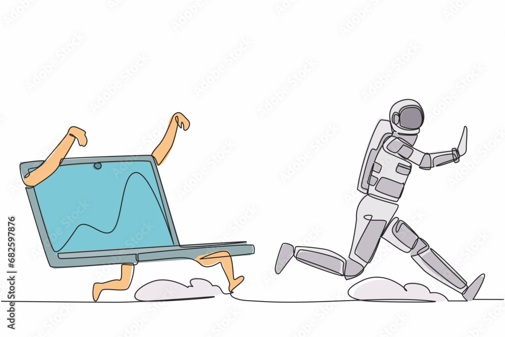 Poster single continuous line drawing astronaut being chased by laptop computer. spaceman in spaceship expe