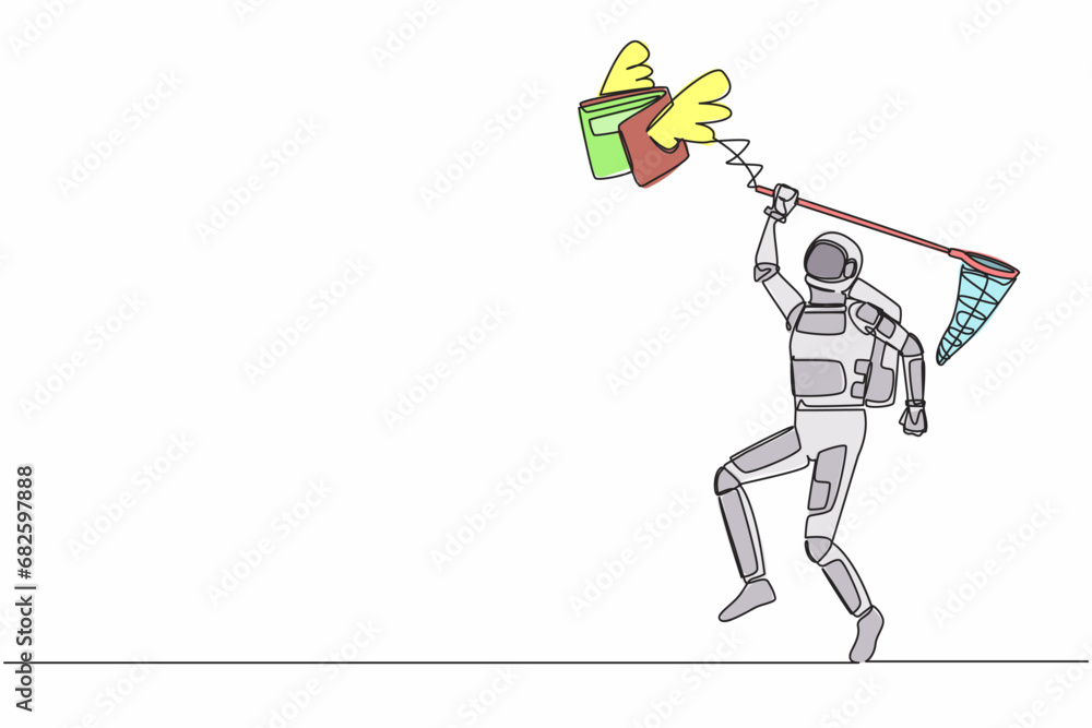 Poster single one line drawing young astronaut try to catching flying wallet with butterfly net. losing mon