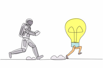 Continuous one line drawing young astronaut run chasing light bulb in moon surface. Innovation in discovery of new planets. Cosmonaut outer space concept. Single line draw design vector illustration