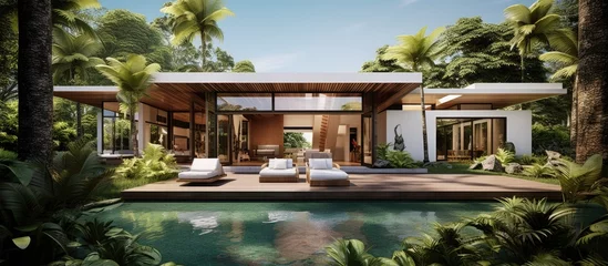 Rolgordijnen The architect's concept for this luxurious tropical home seamlessly blends nature with design, utilizing 3D visuals to showcase a stunning landscape of lush green grass, a vibrant garden, and a © AkuAku