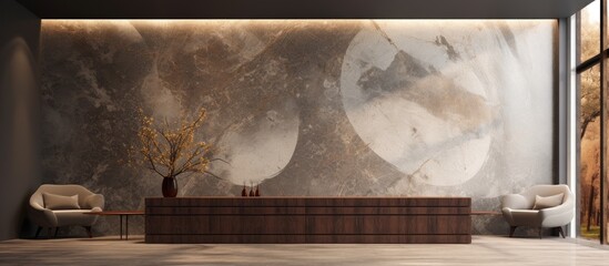 The natural beige marble stone with its exquisite texture and brown granite design brings a touch of elegance to the interior of the building, as the white walls and black paper highlight its natural