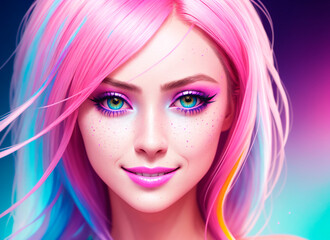 Fototapeta premium Portrait of a beautiful girl with pink hair and bright makeup.