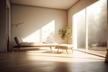 An interior space meticulously designed with minimalist principles, sunlight streams through a large window, generative AI