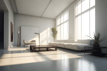 An interior space meticulously designed with minimalist principles, sunlight streams through a large window, generative AI