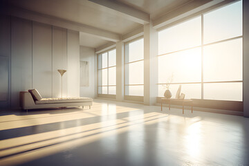 An interior space meticulously designed with minimalist principles, sunlight streams through a large window, generative AI