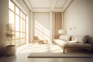 An interior space meticulously designed with minimalist principles, sunlight streams through a large window, generative AI