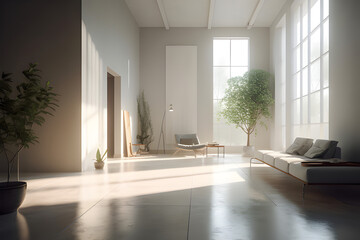 An interior space meticulously designed with minimalist principles, sunlight streams through a large window, generative AI