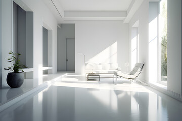 An interior space meticulously designed with minimalist principles, sunlight streams through a large window, generative AI