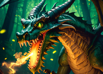 The green dragon spews fire in the forest