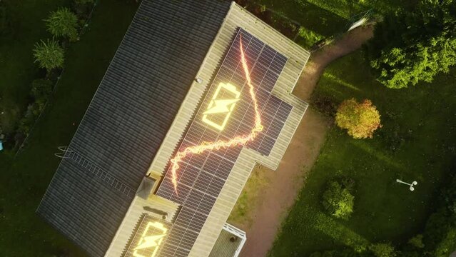 Solar energy flowing through photovoltaic panels on a house roof - 3D render