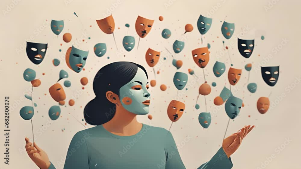 Poster minimal flat motion of a person juggling multiple masks, each one representing a different lie they 