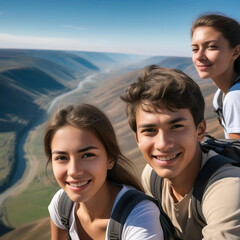 Tres jóvenes haciendo excursionismo en una alta montaña  - obrazy, fototapety, plakaty