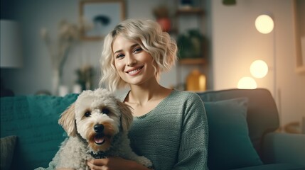 Attractive woman with her puppy  - obrazy, fototapety, plakaty