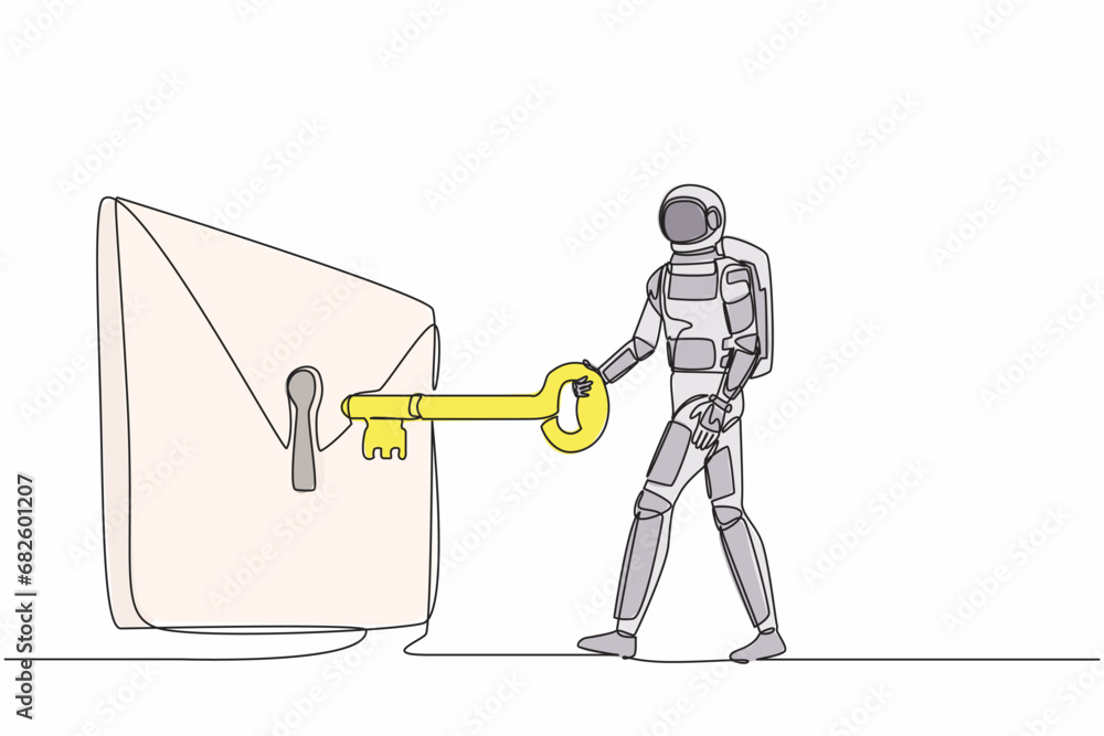 Poster single continuous line drawing astronaut putting big key into mail. digital message protection or em