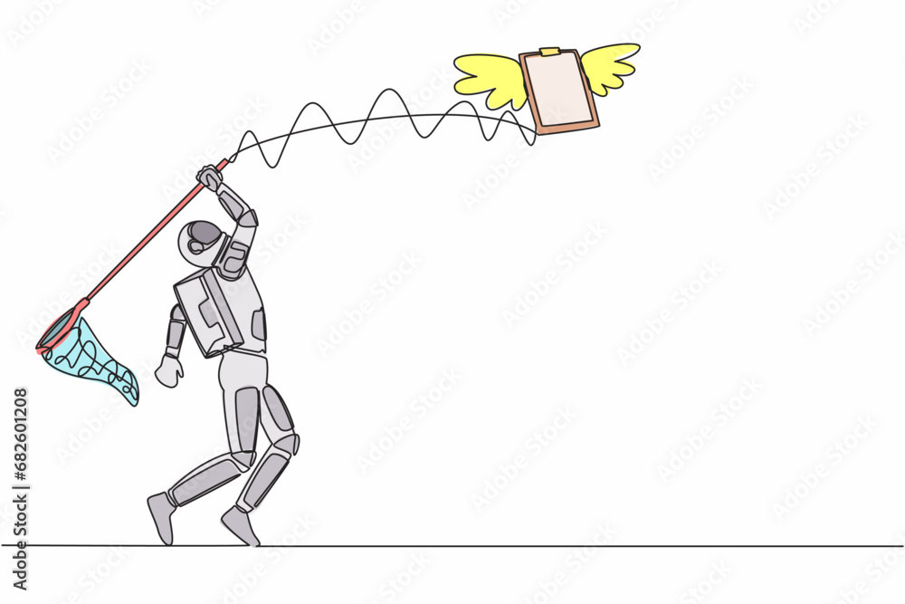 Poster single continuous line drawing young astronaut try to catching flying clipboard with butterfly net. 