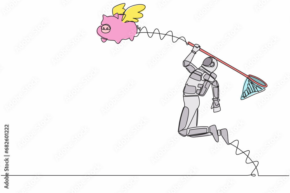 Aufkleber continuous one line drawing young astronaut try to catching flying piggy bank with butterfly net. mo