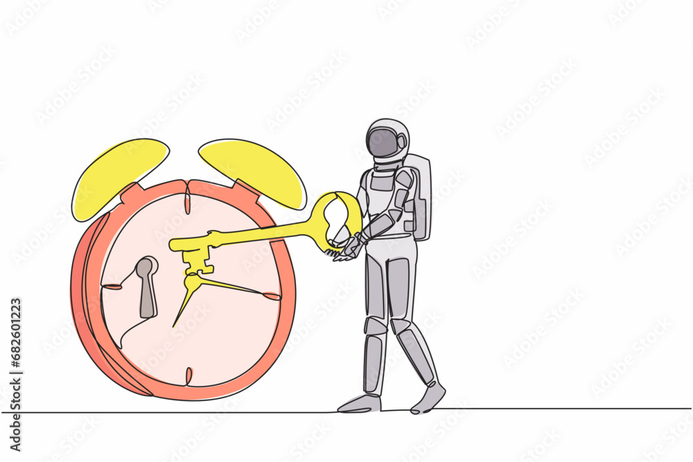 Poster single one line drawing astronaut putting key into alarm clock. deadline work and time management in