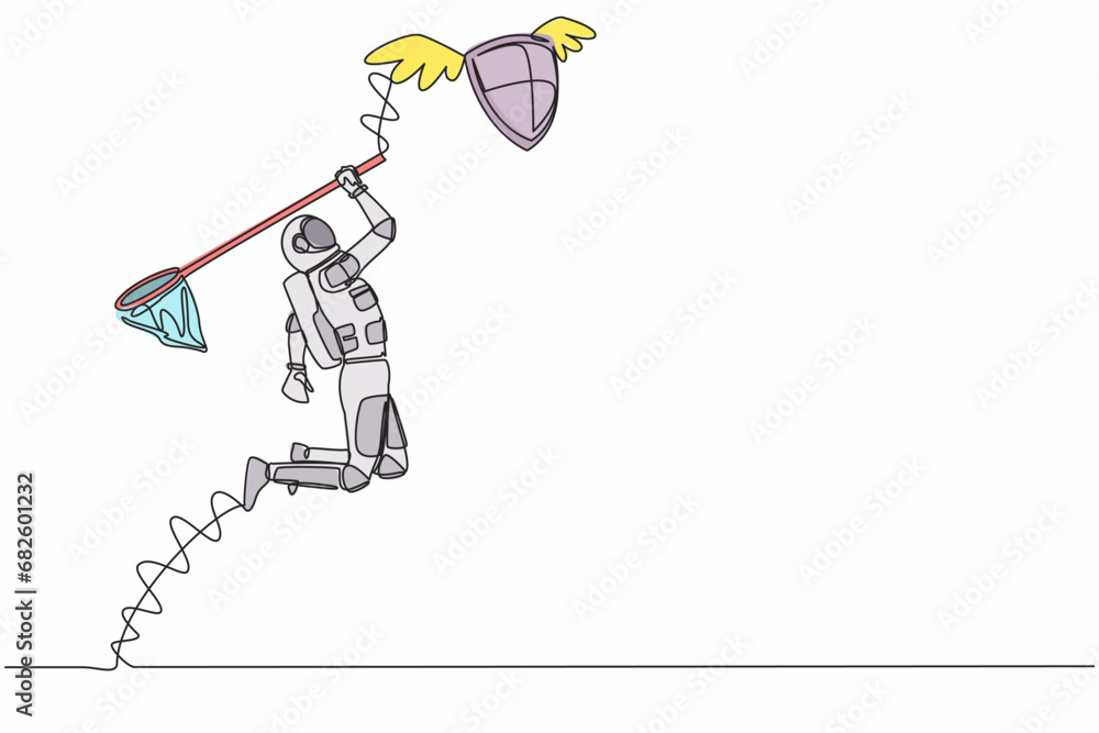 Poster continuous one line drawing young astronaut try to catching flying shield with butterfly net. securi