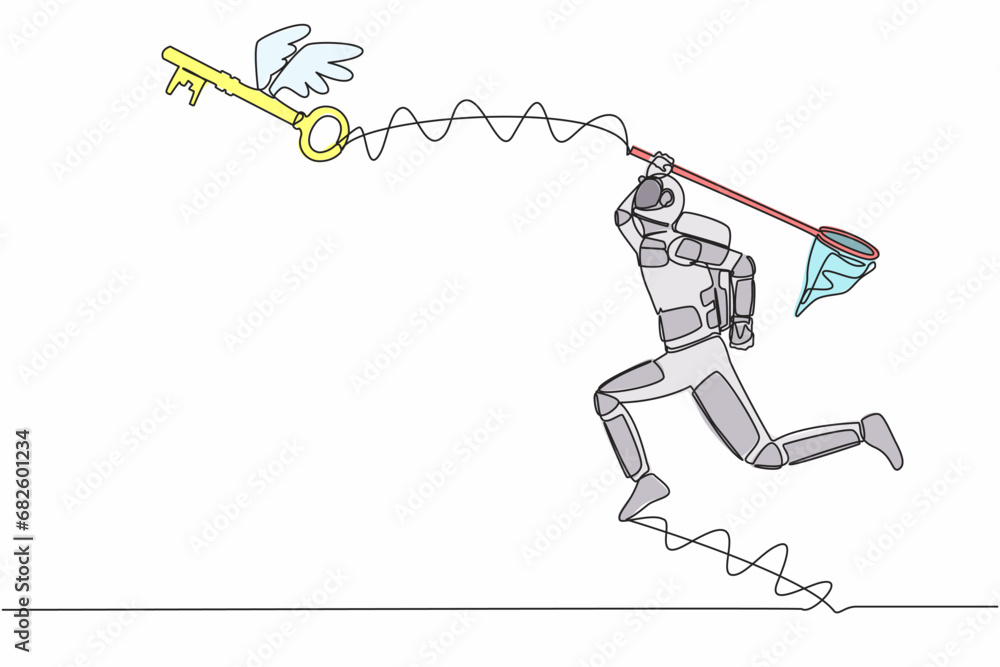 Poster single continuous line drawing of young astronaut try to catching flying key with butterfly net. fin
