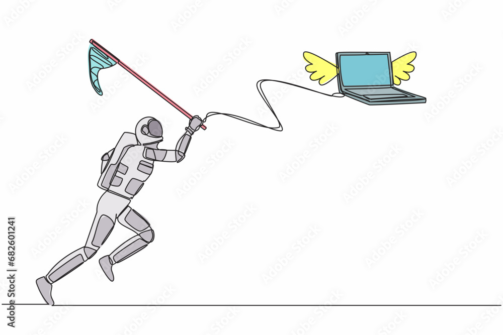 Poster single continuous line drawing young astronaut try to catching flying laptop with butterfly net. sys