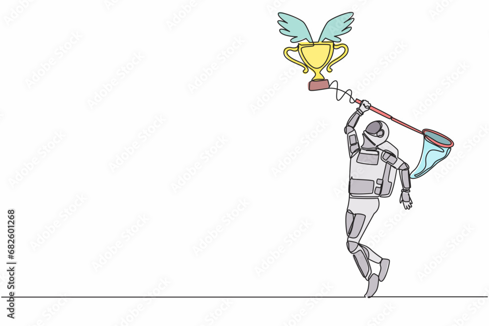 Poster single one line drawing of young astronaut try to catching flying trophy with butterfly net. victory