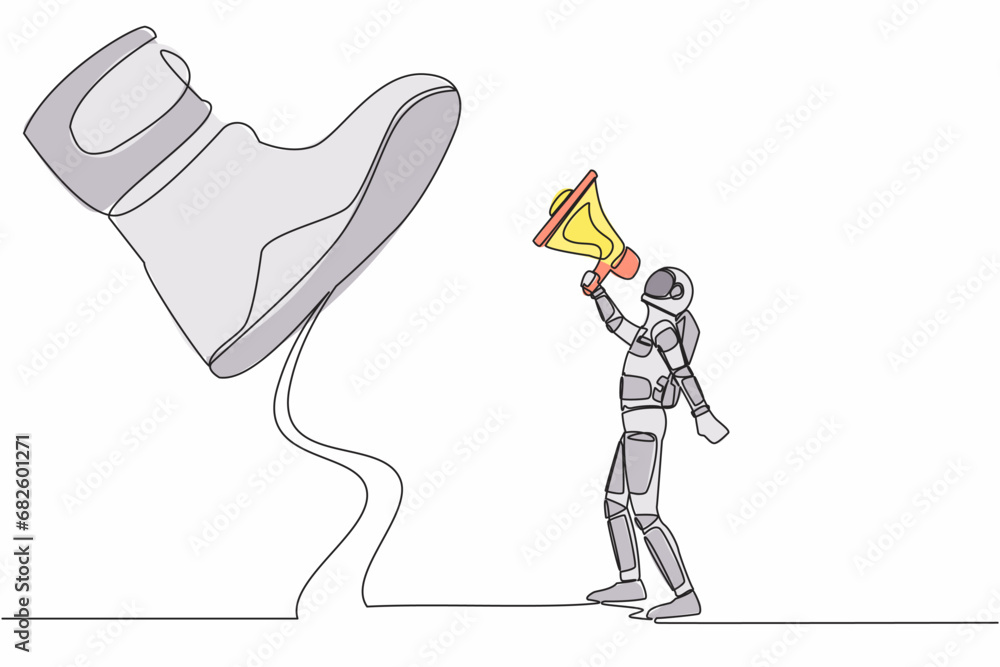 Poster single one line drawing of young astronaut speaking with megaphone under giant shoe. boot of army ma