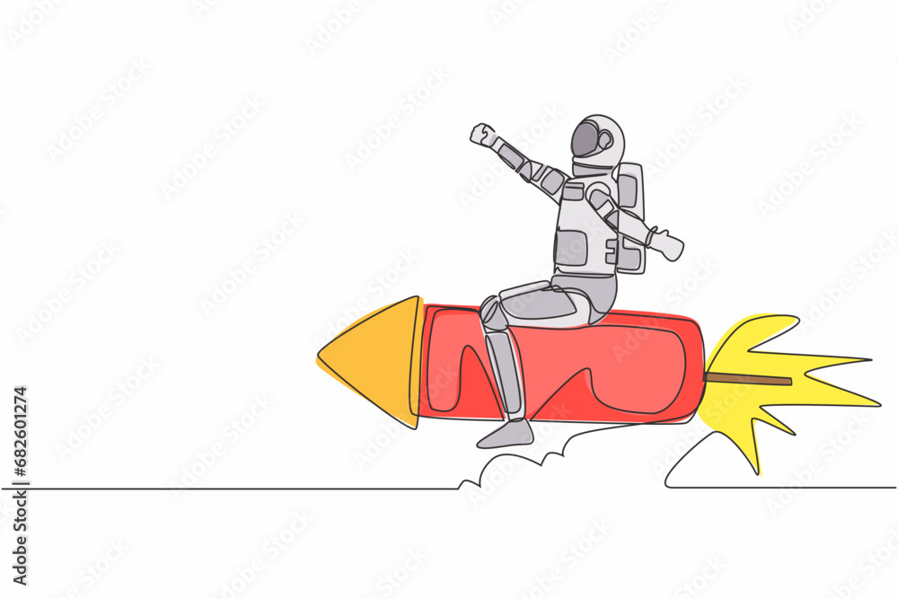 Poster single one line drawing of young astronaut flying high riding firework rocket in moon surface. futur