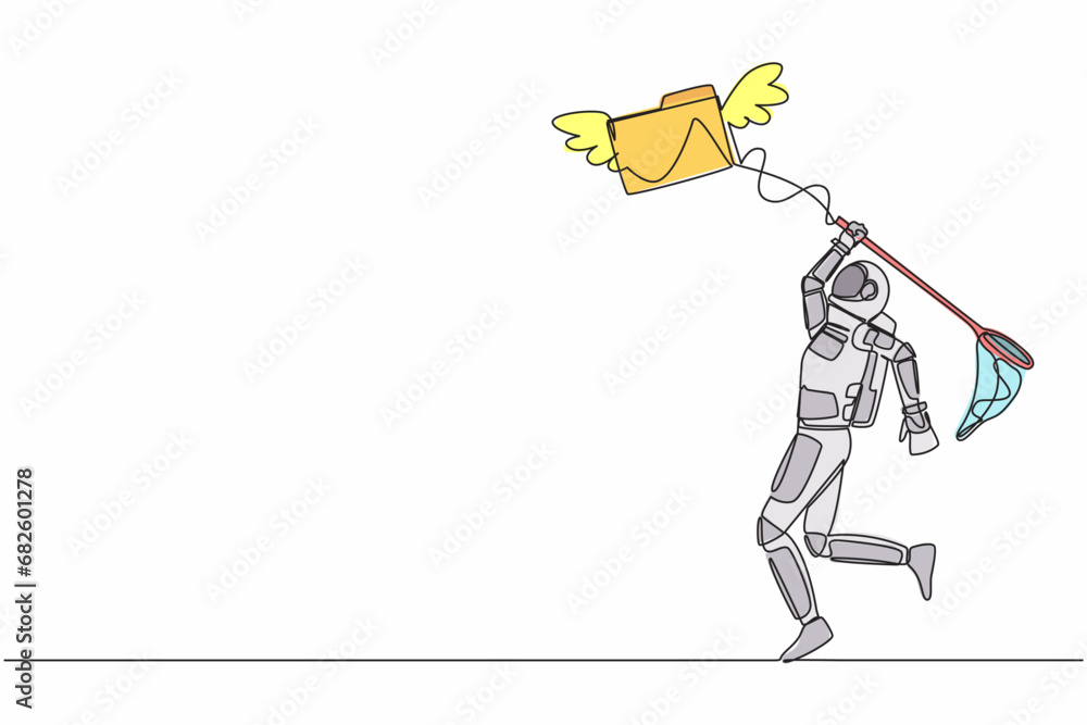 Poster continuous one line drawing astronaut try to catch flying folder icon with butterfly net. analysis s