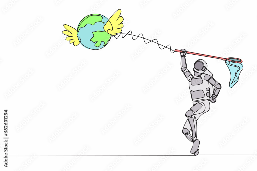 Poster continuous one line drawing young astronaut try to catching flying globe with butterfly net. space t