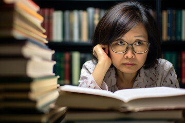 A close-up view of an Asian woman professor deeply engrossed in her research, surrounded by books and academic papers in her office. Emphasize the concentration and expertise  her scholarly pursuits.
