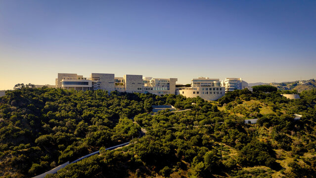 The Getty Center Los Angeles aerial view - Los Angeles Drone footage - LOS ANGELES, USA - NOVEMBER 5, 2023