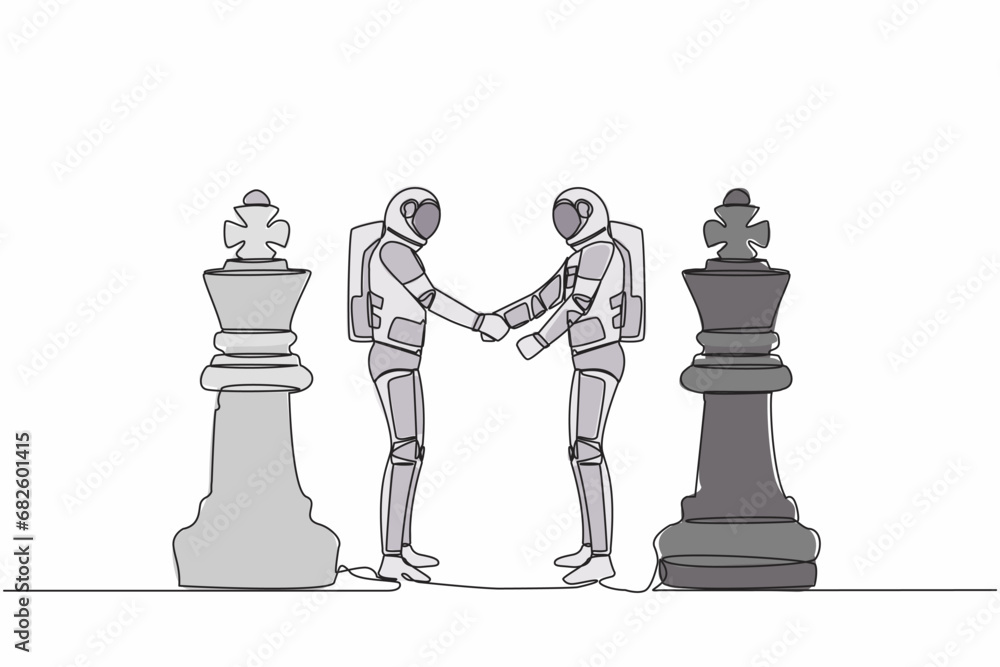 Poster continuous one line drawing of two astronaut shaking hands together while standing between of king c