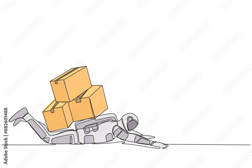 Aufkleber single one line drawing of young astronaut under heavy pile of cardboard burden in moon surface. ove