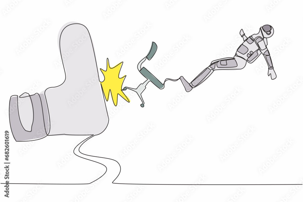 Poster continuous one line drawing young astronaut kicked out by big foot from chair in moon surface. staff