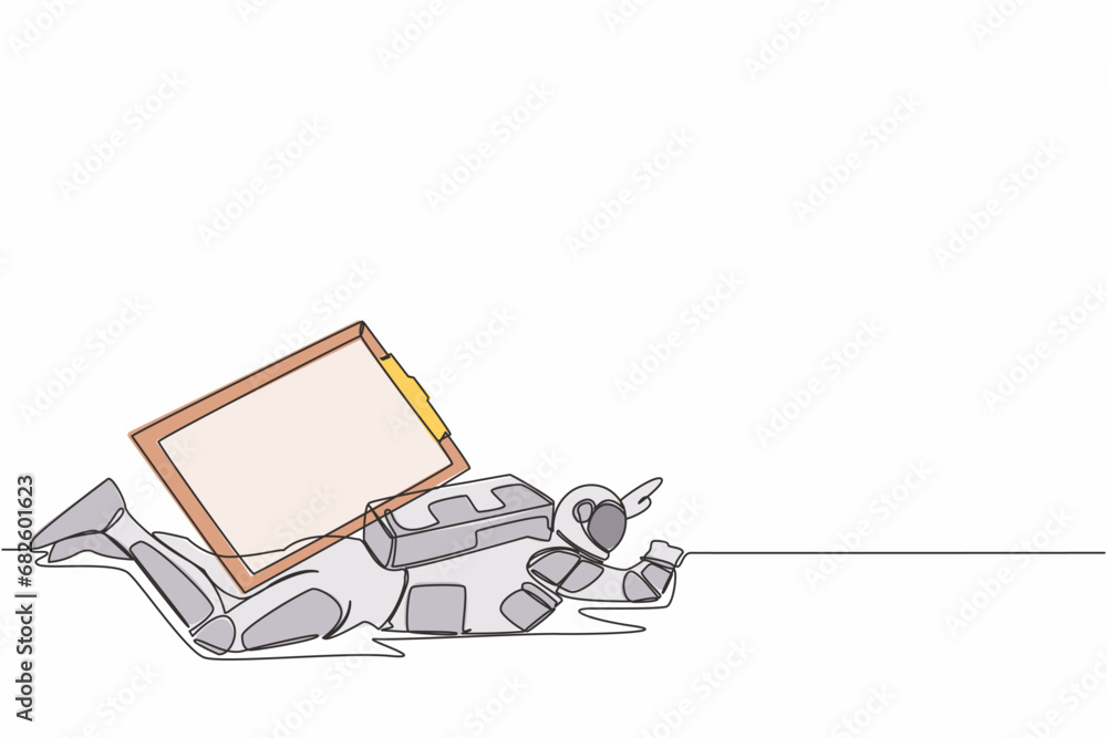 Aufkleber continuous one line drawing young astronaut under heavy clipboard burden. busy spaceman with checkli