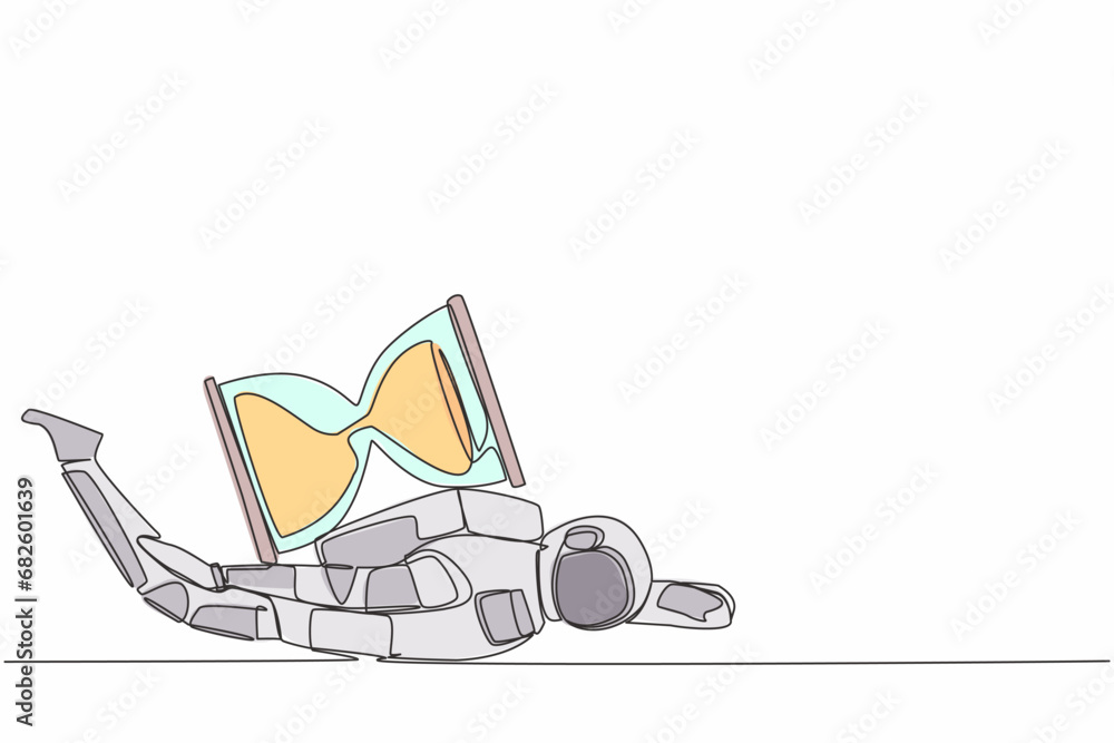Aufkleber single continuous line drawing young astronaut under heavy hourglass burden. spaceman with spaceship
