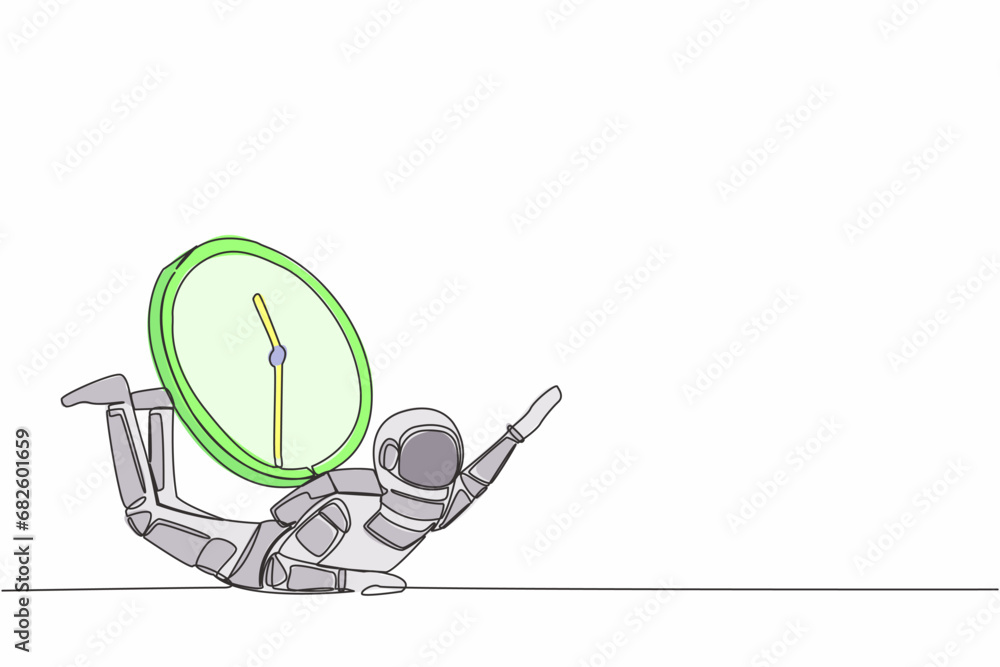 Aufkleber continuous one line drawing of astronaut under heavy wall clock burden. spaceman expedition within d