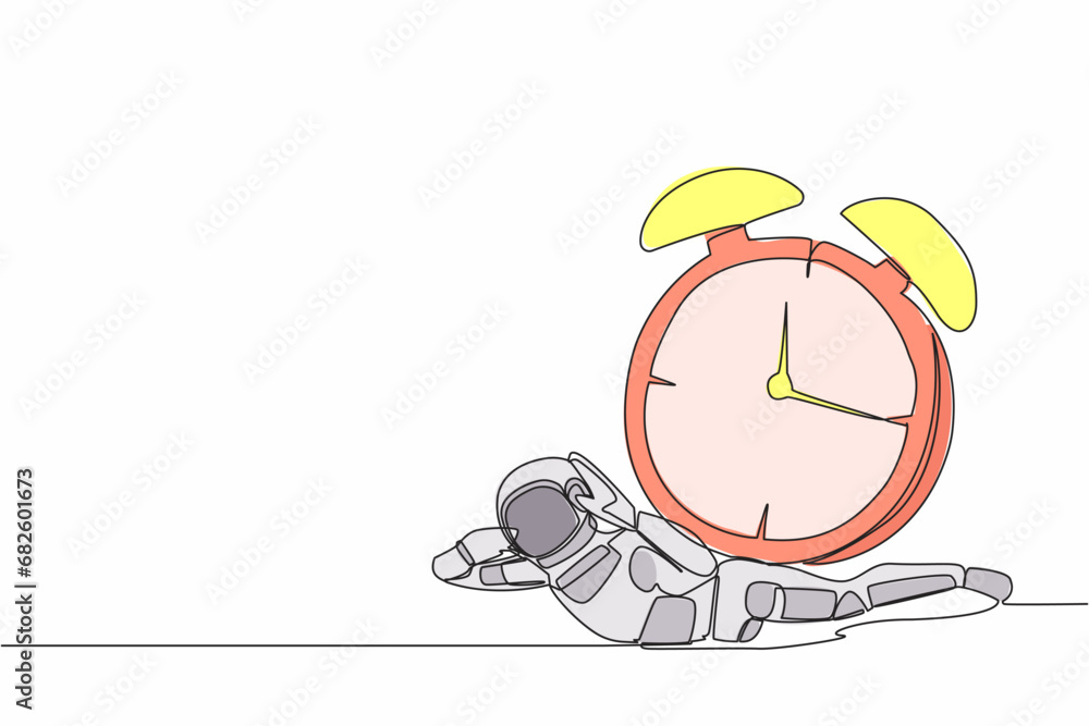 Poster single one line drawing of young astronaut under heavy alarm clock burden in moon surface. work pres