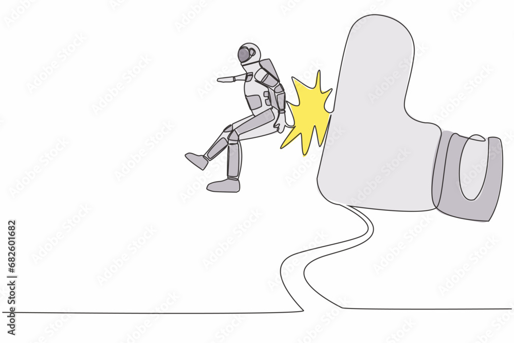 Poster continuous one line drawing young astronaut getting fired, flying through air after being kicked in 