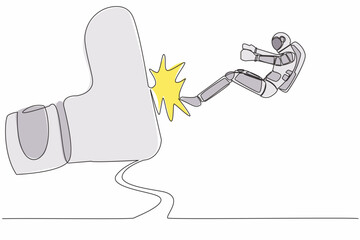 Single one line drawing young astronaut kicked out by big foot in moon surface. Bankruptcy, insolvency. Spaceman become unemployed. Cosmic galaxy space. Continuous line draw design vector illustration