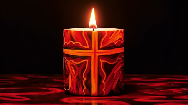 The flickering flame of a red candle highlights the bold and vibrant colors of a handpainted cross, bringing life and energy to this image of devotion.