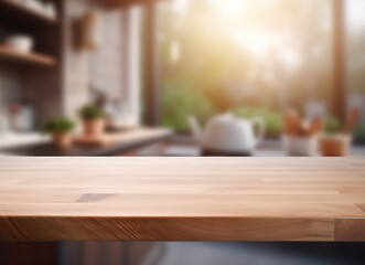 A wooden table with a kitchen in the background. The table is made of light-colored wood and has a smooth surface. The kitchen is visible through a window in the background