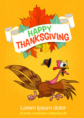 Cartoon Thanksgiving turkey bird escape. Vector illustration. Design for Thanksgiving Day outlined turkey character running.